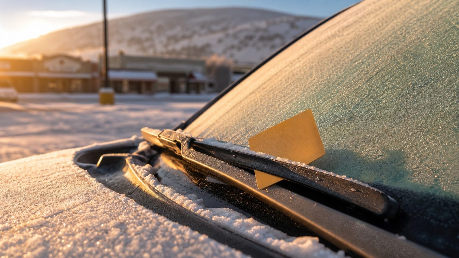 A coffee gift card tucked under a car windshield wiper at dawn