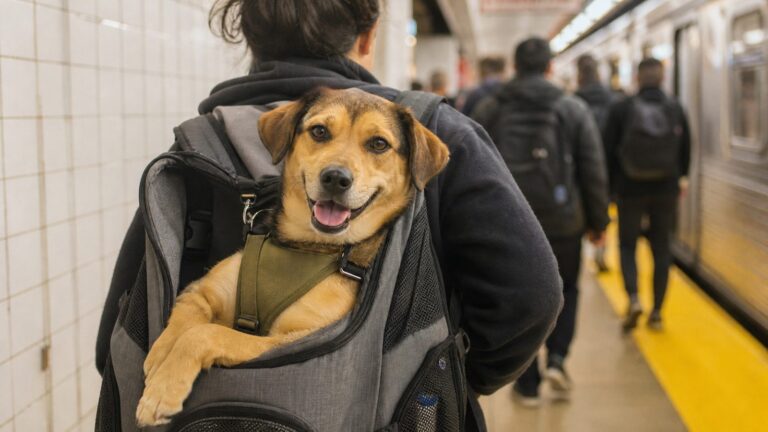 A happy dog riding in an adopt-me backpack on a city subway