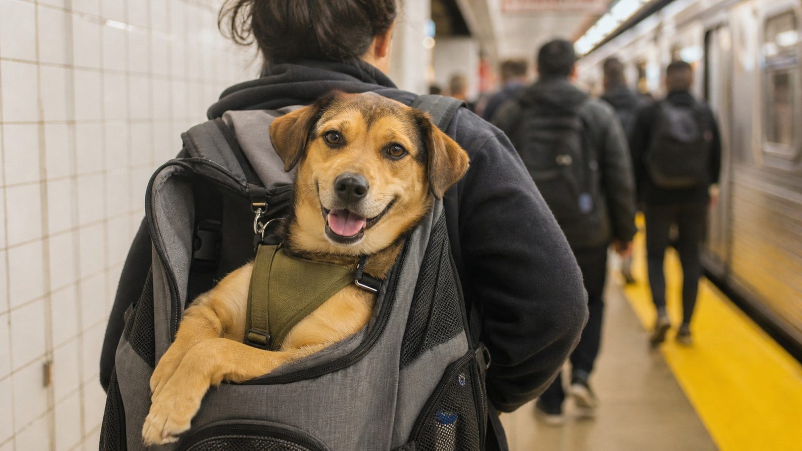 A happy dog riding in an adopt-me backpack on a city subway