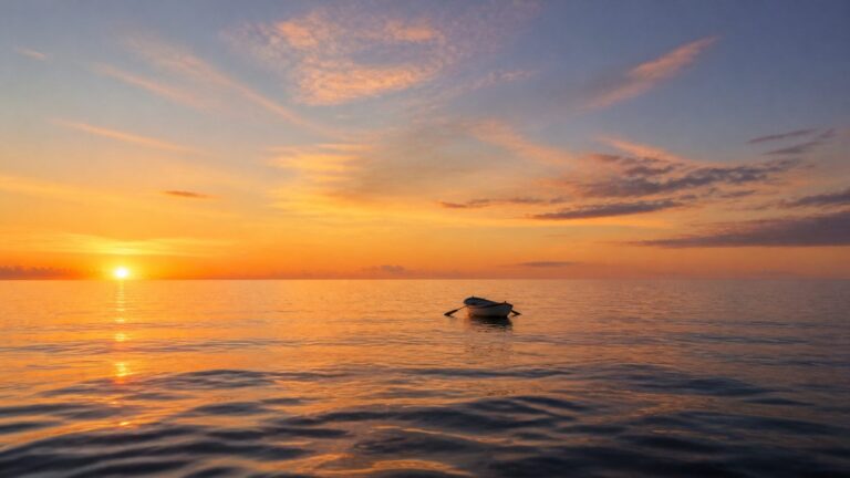 A lone rowboat on a vast calm ocean at first light
