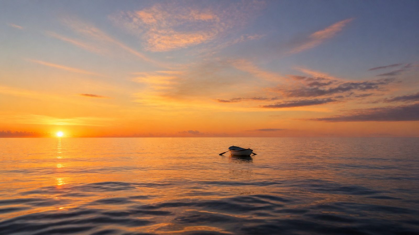 A lone rowboat on a vast calm ocean at first light