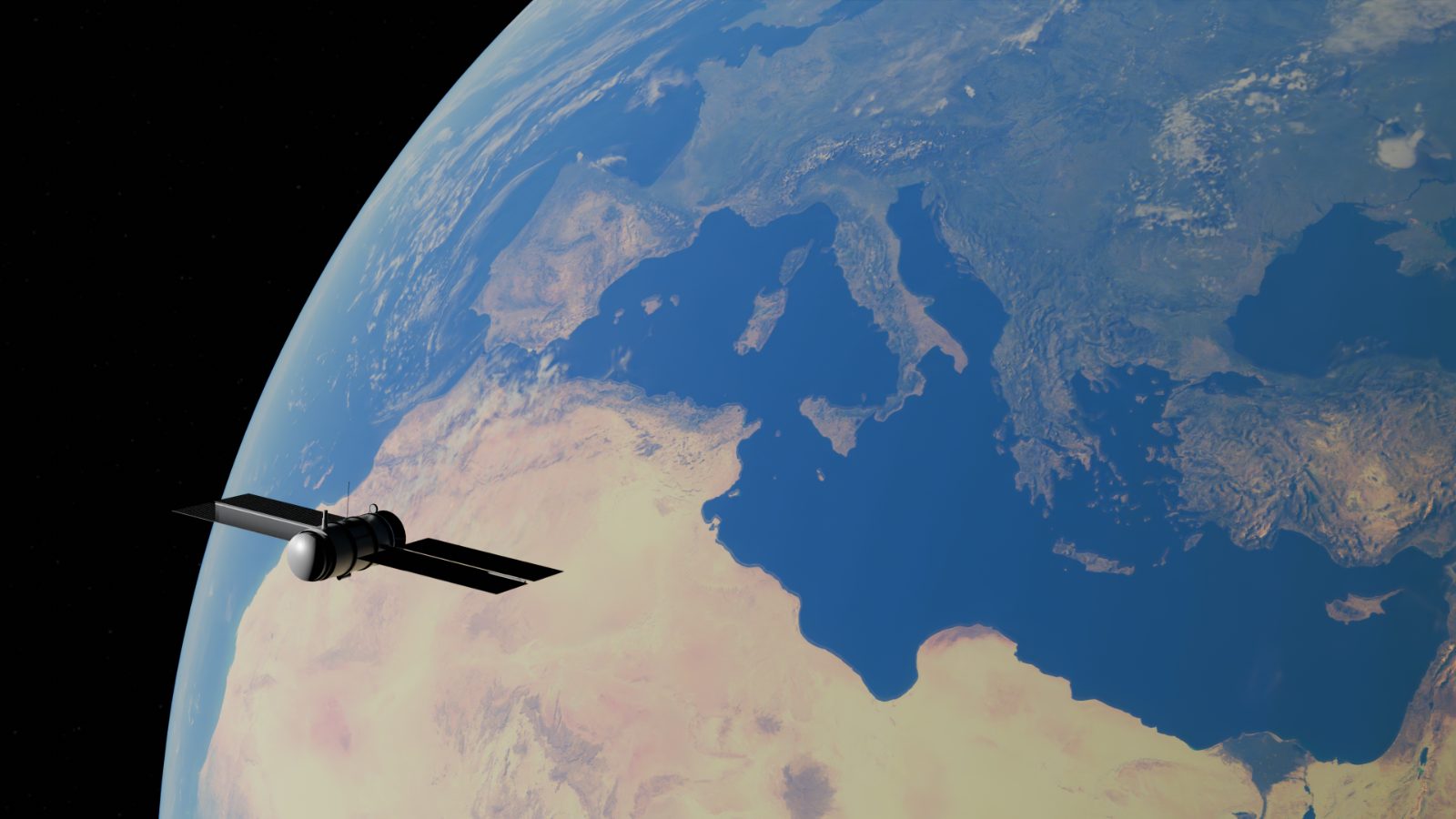 Satellite orbiting Earth over the Mediterranean Sea