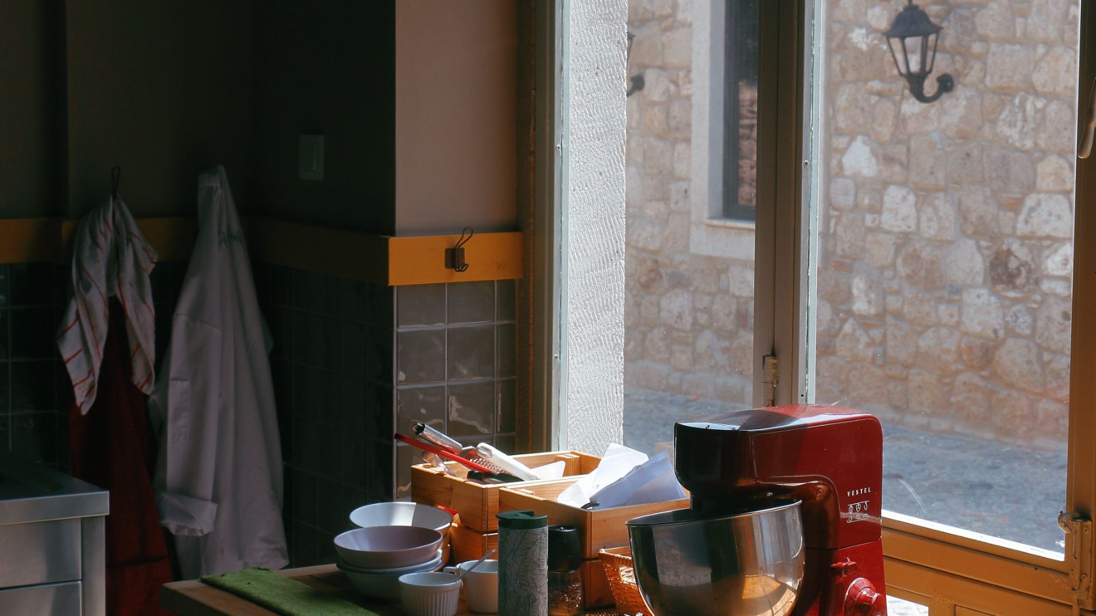 Warm cozy kitchen scene with sunlit window