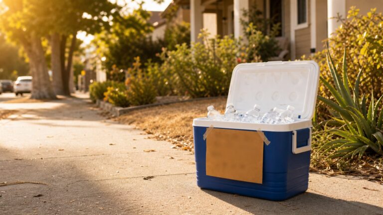A cooler of free water on a sunny Sacramento sidewalk