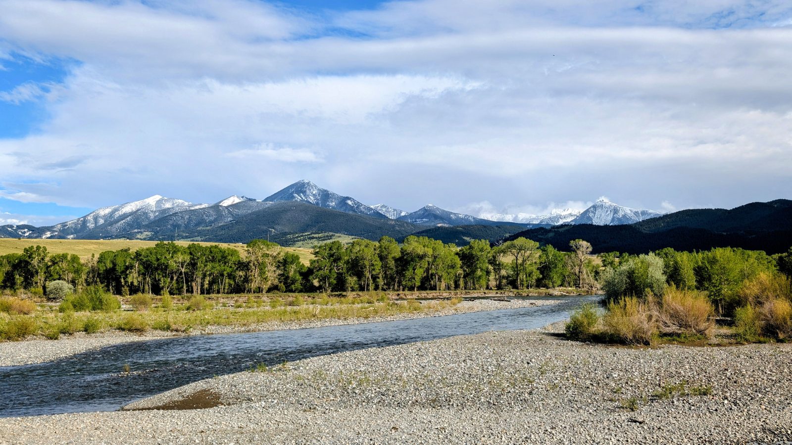 Scenic river and mountain landscape near Livingston, Montana, on the Yellowstone River