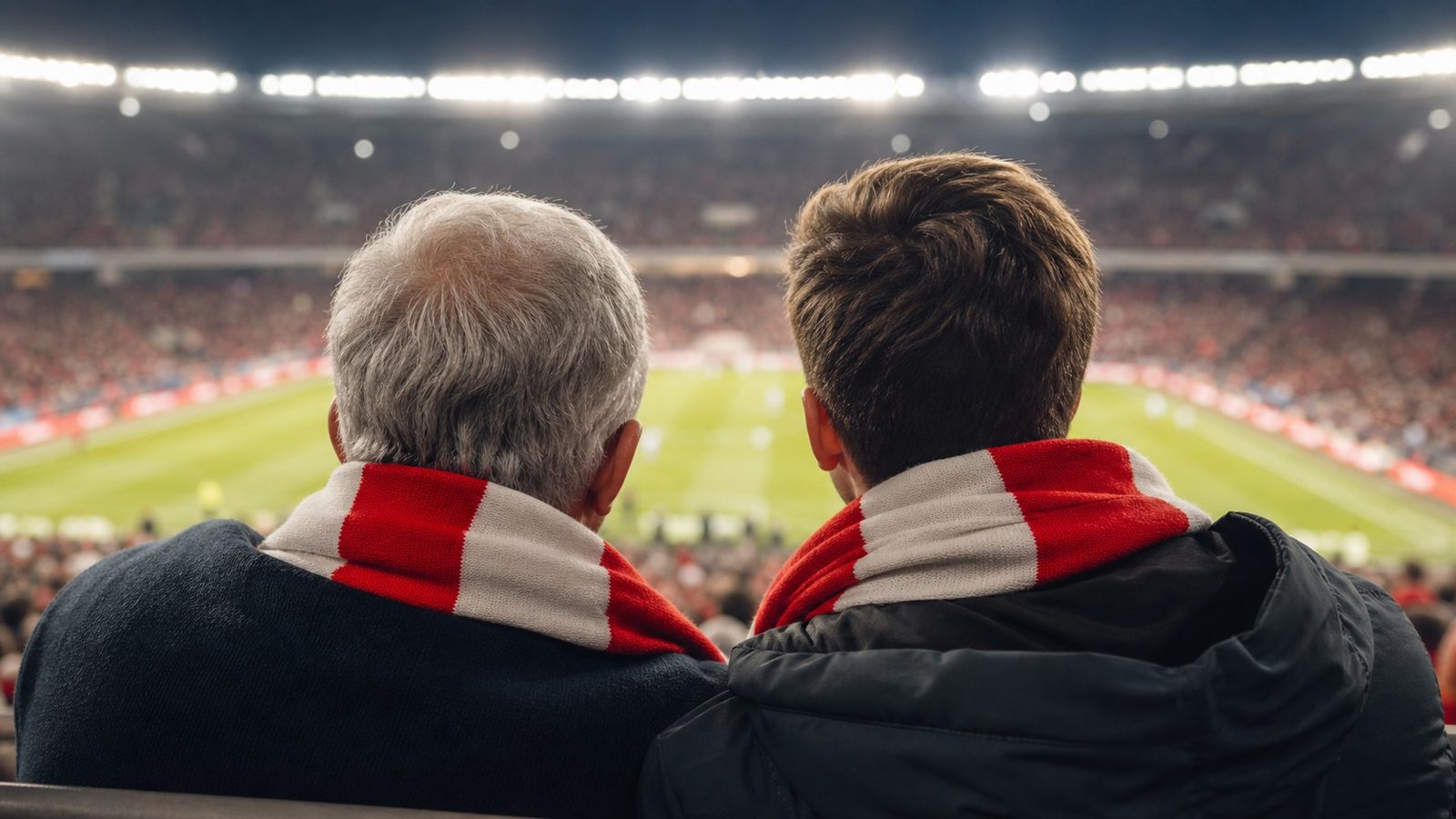An older man and a young man watching a football match together