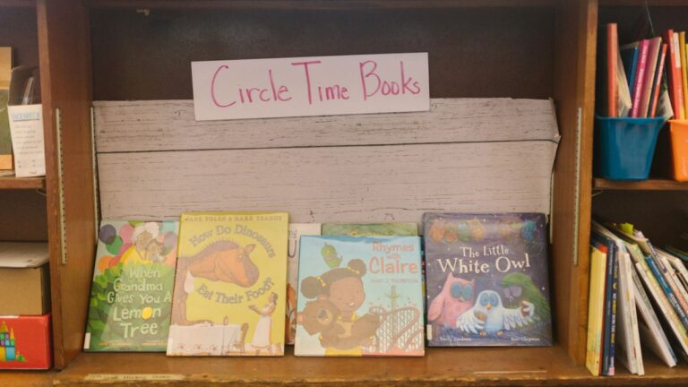 A row of colorful children’s picture books on a wooden library shelf